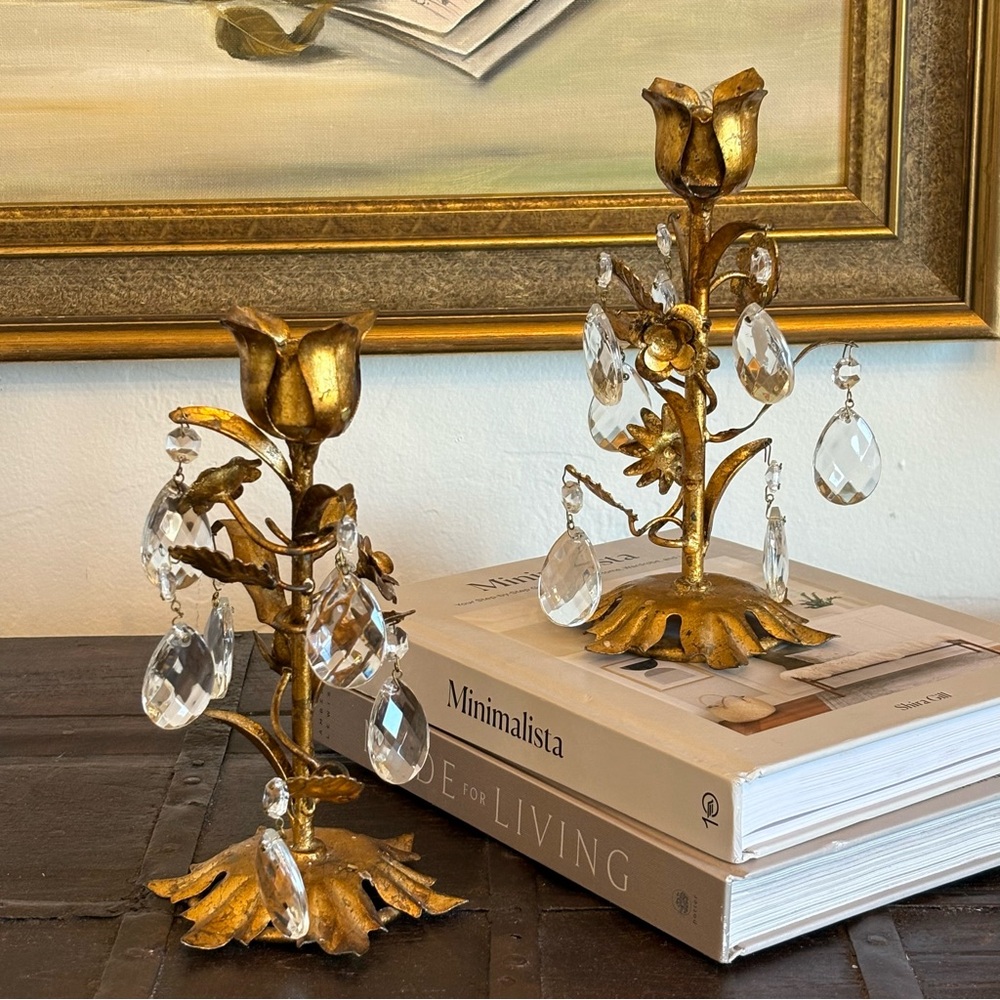 Pair Of Vintage Italian Gilt & Crystals Candle Holders